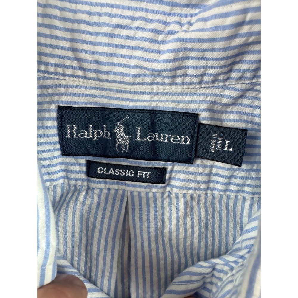 Ralph Lauren Mens Large Classic Fit Seersucker Short Sleeve Striped Shirt Blue - Picture 4 of 9